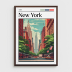 A framed travel poster of New York City, featuring a retro-style illustration of the city skyline with the Chrysler Building and Empire State Building, framed in dark brown with a white mat.